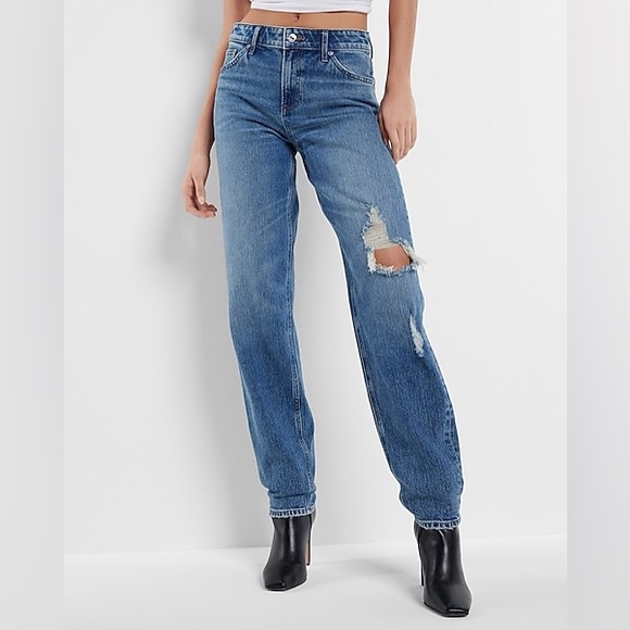 Express Denim - Brand New Express Mid Rise Medium Wash Ripped Baggy Tapered Jeans